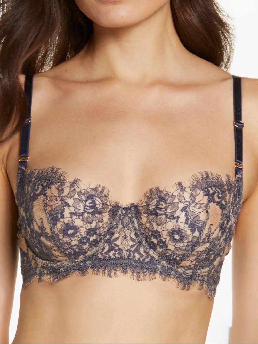 Skarlett Blue Lace Balconette Bra Navy Nude 38DDD EUC